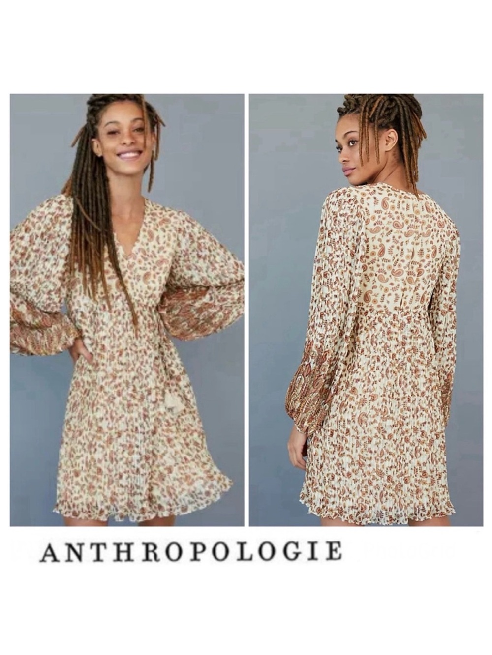 ANTHROPOLOGIE Shyla Wrapped Pleated Paisley Balloon Sleeve Mini Dress Sz M NWT